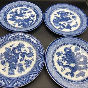 BOMBAY Company NEW Blue White Dragon Salad Side Plates 8”